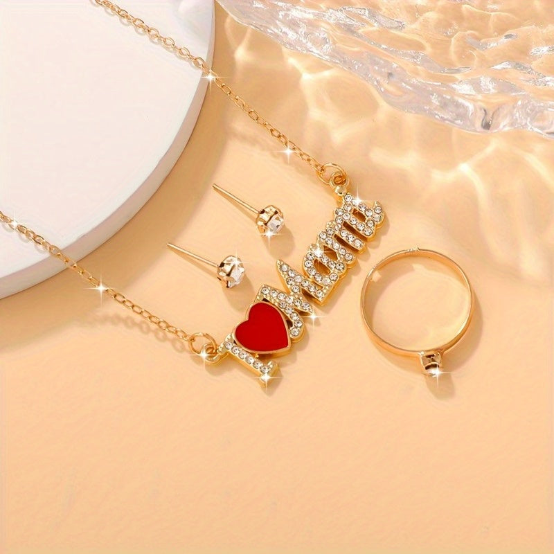 4pcs Bohemian style Women's jewelry set - "I Love Mom" pendant necklace, earrings, and ring combination, perfect for Mother's Day gifts, parties, Teacher's Day/ back to school/ graduation